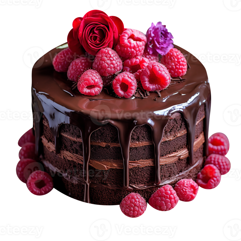 Delicious chocolate cake with chocolate icing and raspberries on ...
