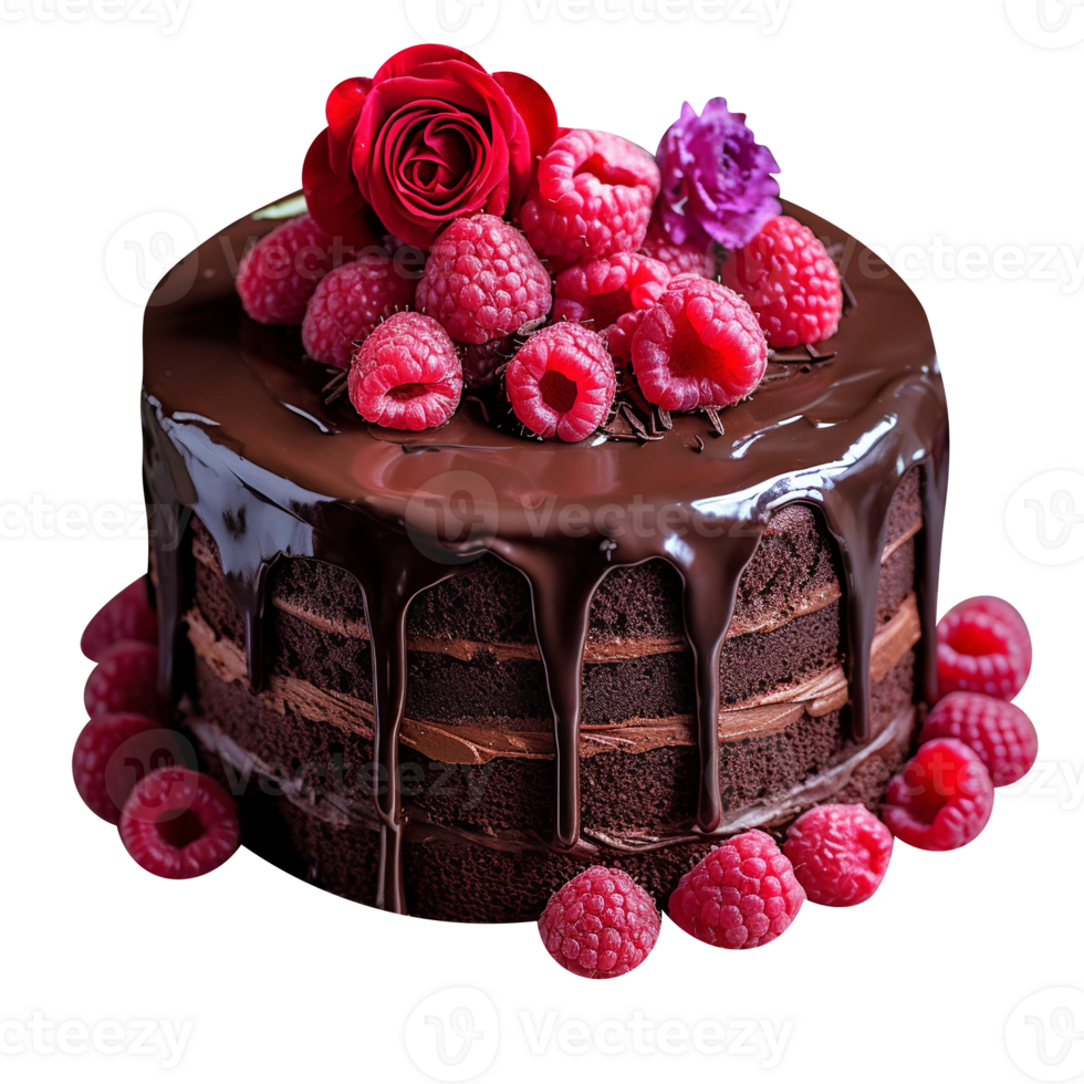 Delicious chocolate cake with chocolate icing and raspberries on transparent background png