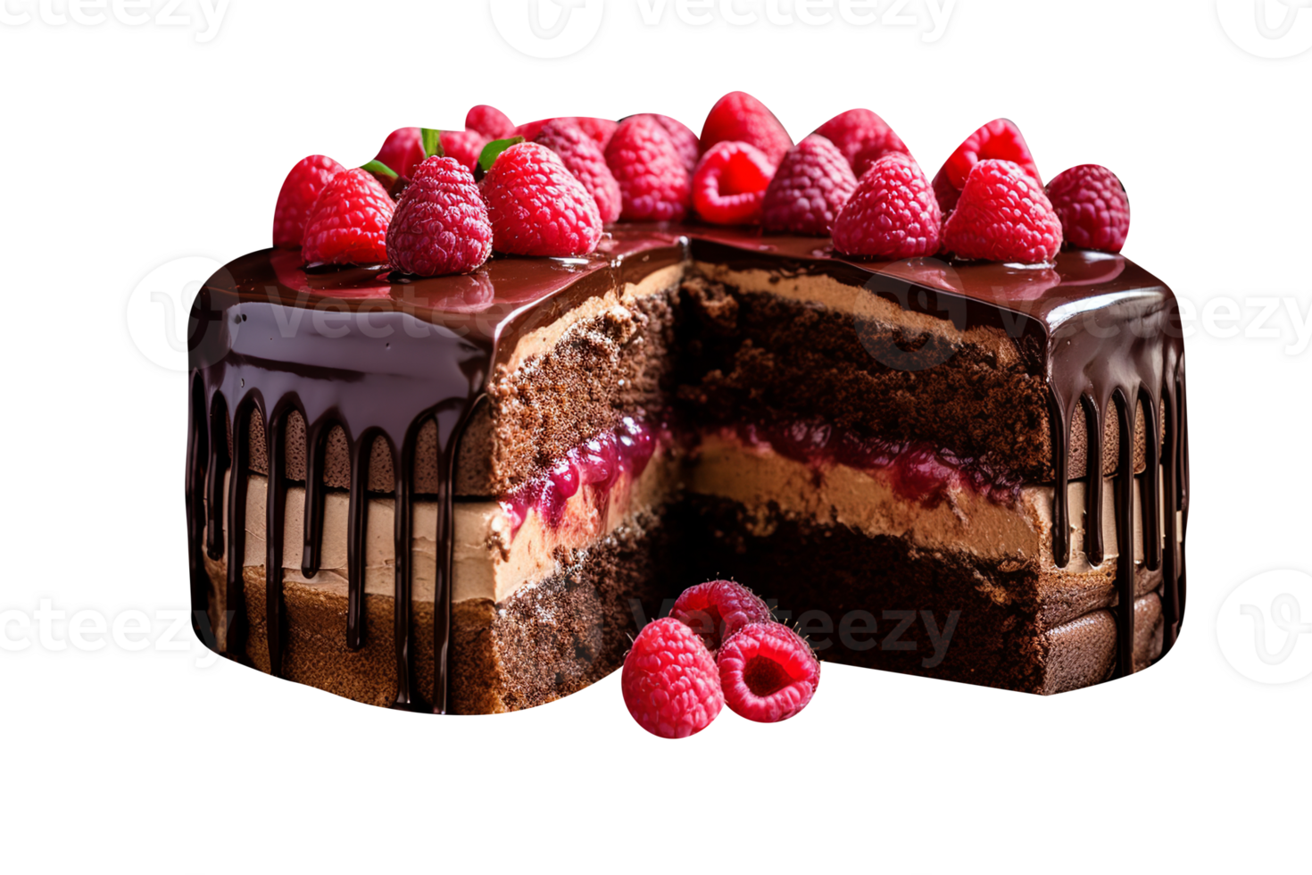 Delicious chocolate cake with chocolate icing and raspberries on ...