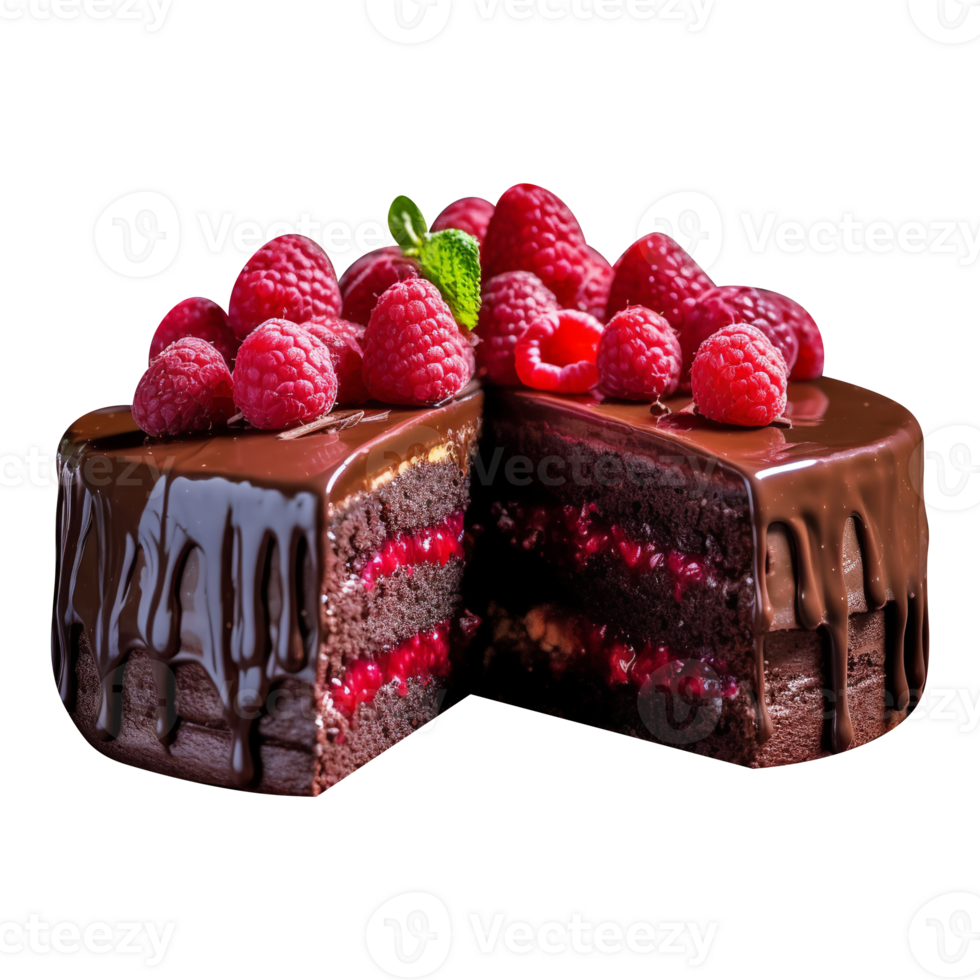 Delicious chocolate cake with chocolate icing and raspberries on transparent background png