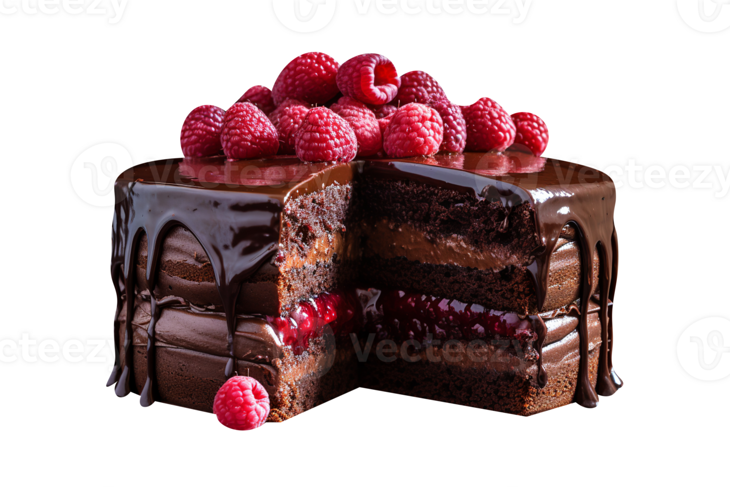 Delicious chocolate cake with chocolate icing and raspberries on transparent background png