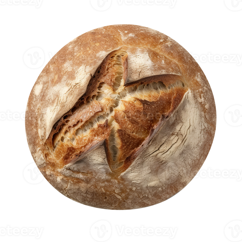 Whole round loaf of fresh baked sourd bread on transparent background png