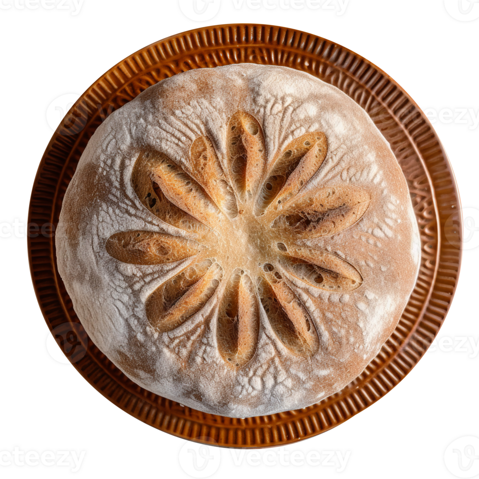 Whole round loaf of fresh baked sourd bread on transparent background png