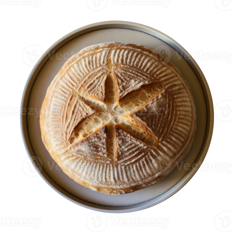 Whole round loaf of fresh baked sourd bread on transparent background png