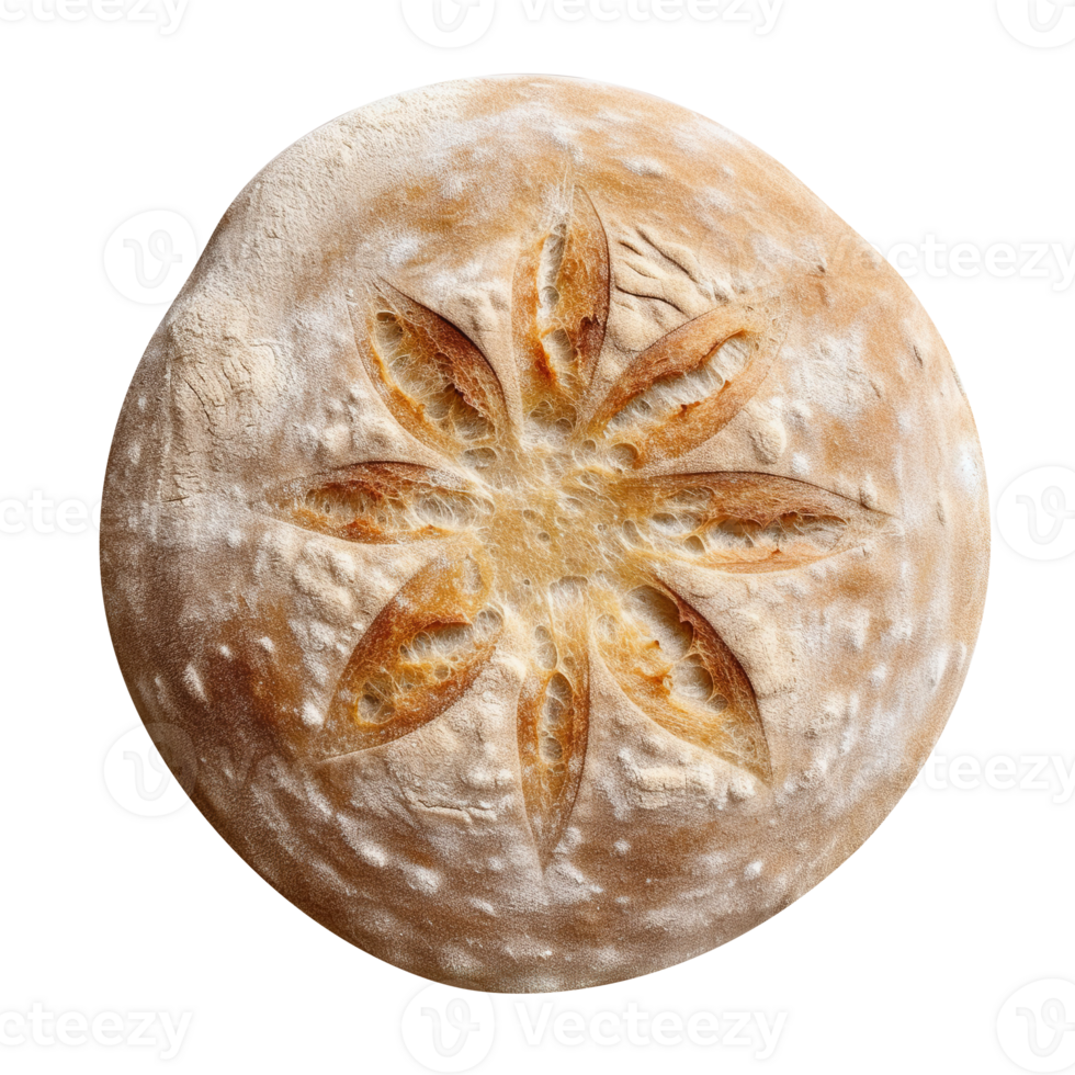 Whole round loaf of fresh baked sourd bread on transparent background png