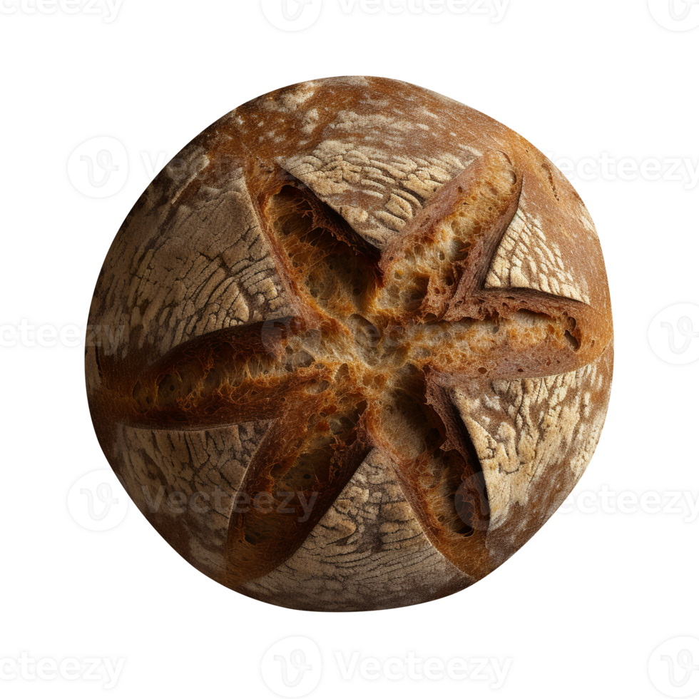 Freshly baked round whole grain bread loaf isolated on transparent background png