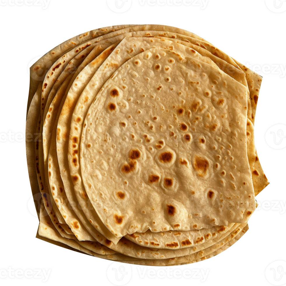 Stack of fresh made roti bread isolated on transparent background png