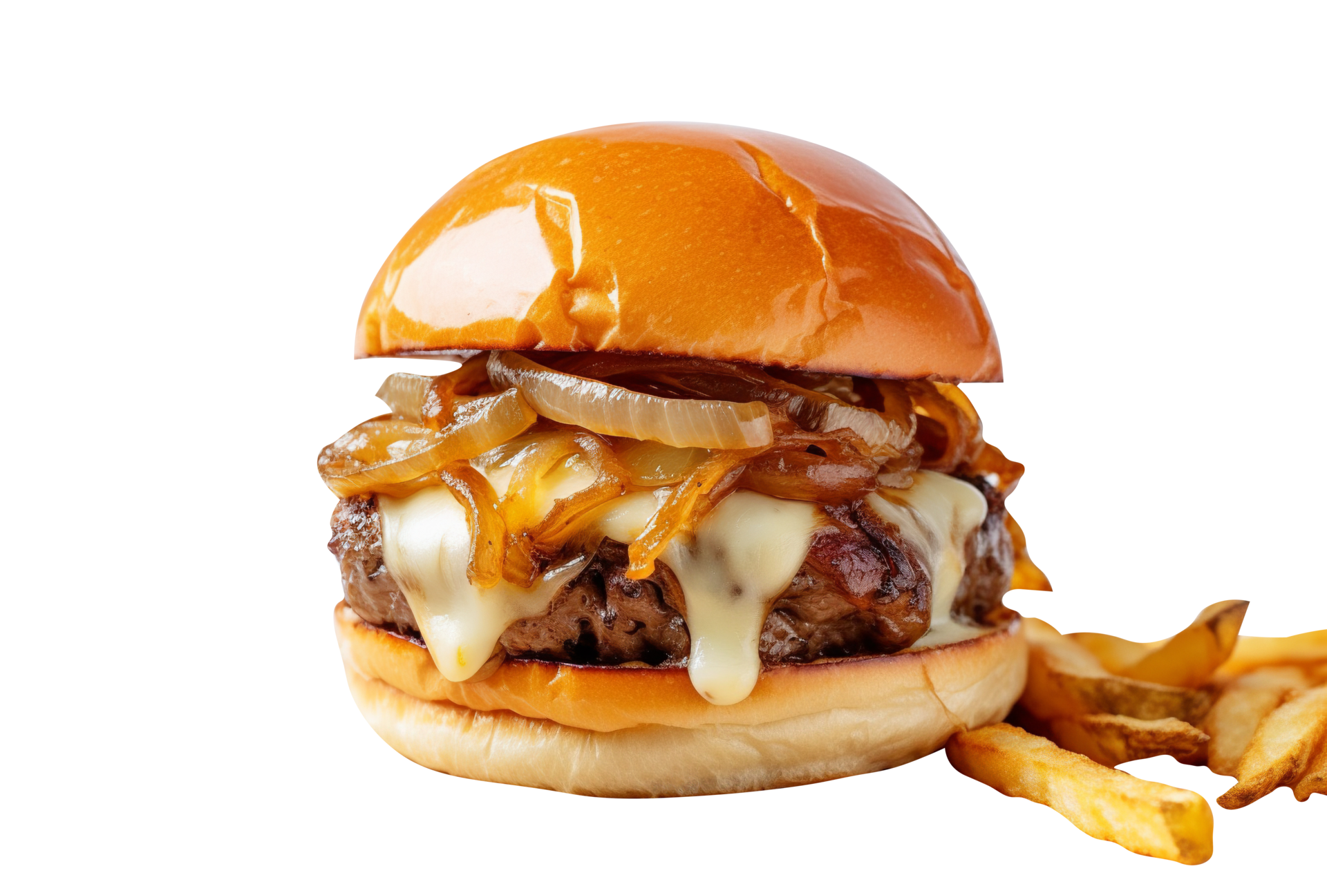 Delicious French onion burger isolated on transparent background