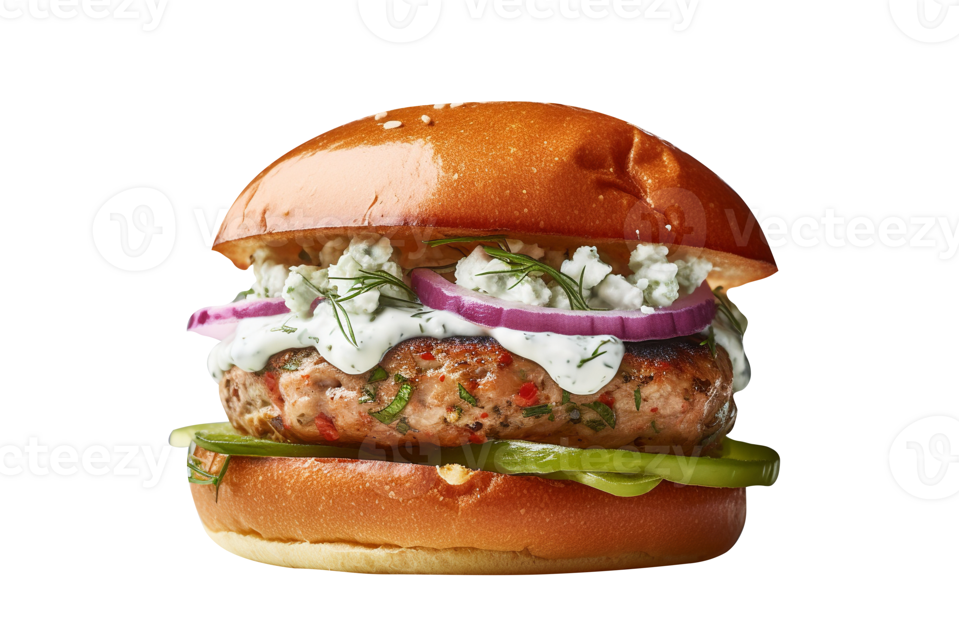 Delicious Greek turkey burger isolated on transparent background