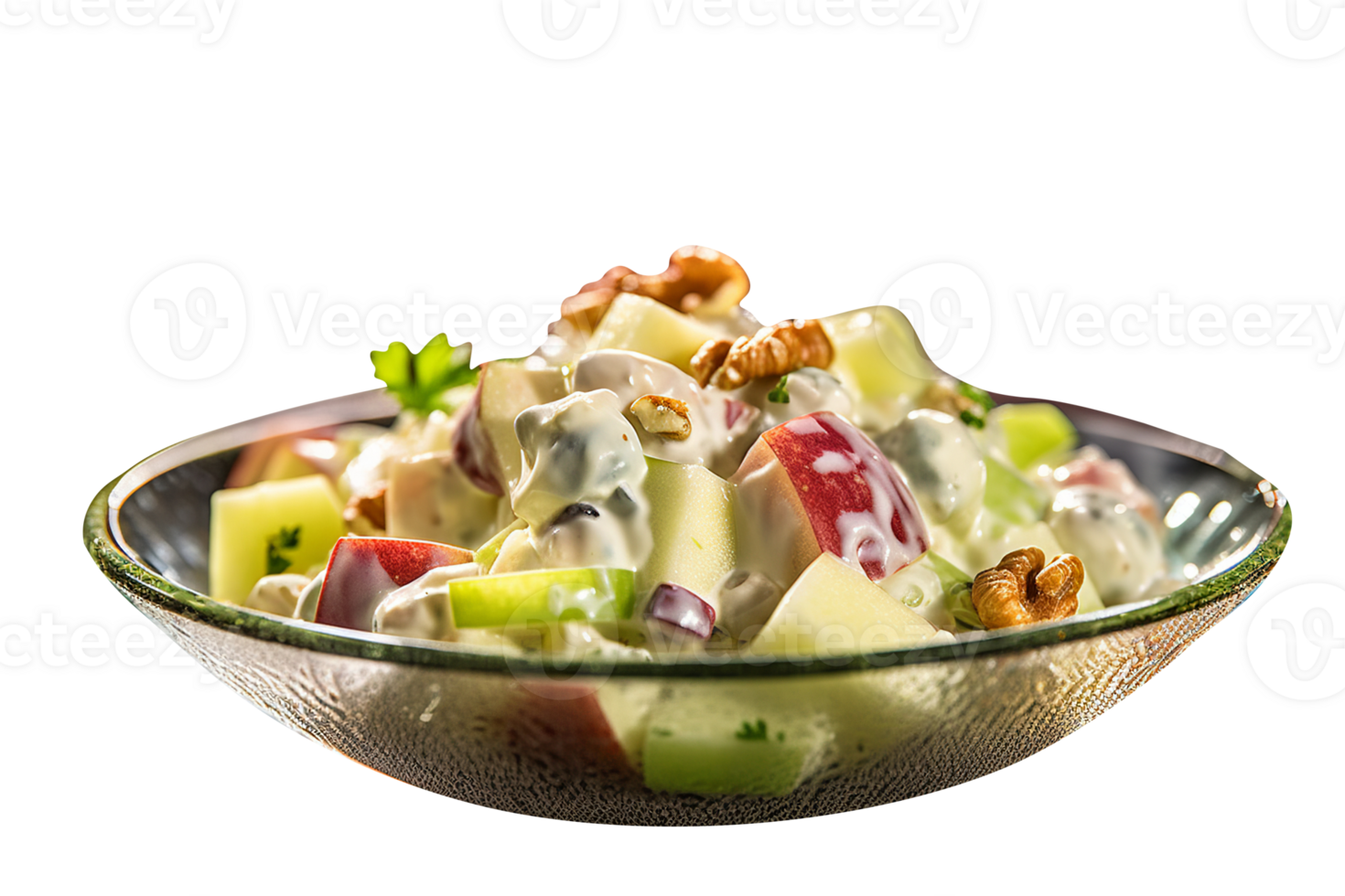 Freshly made Waldorf salad bowl isolated on transparent background png