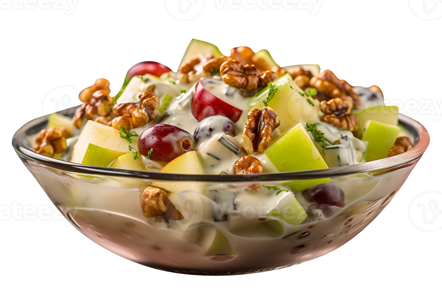 Freshly made Waldorf salad bowl isolated on transparent background png