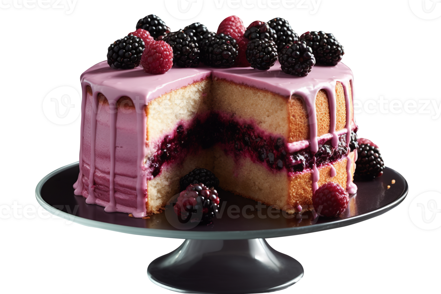 Delicious blackberry cake with fresh blackberries on transparent background png