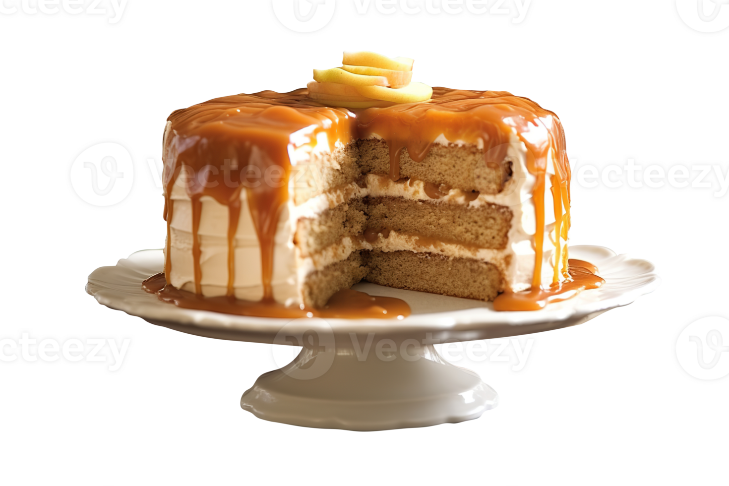 Delicious caramel apple cake isolated on transparent background png