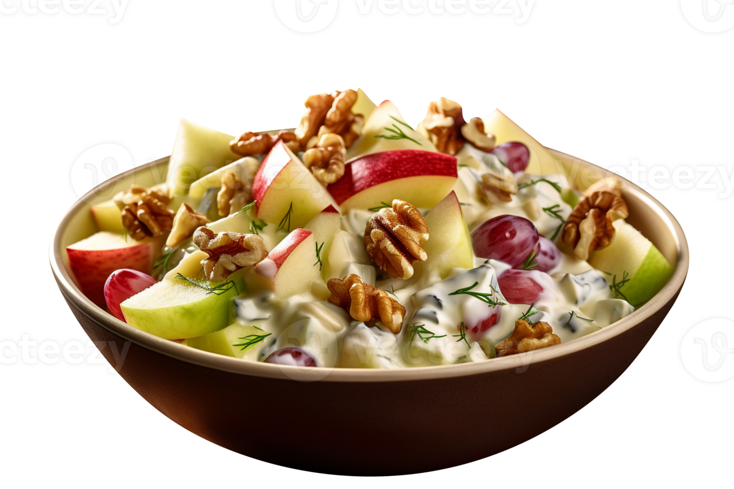 Freshly made Waldorf salad bowl isolated on transparent background png