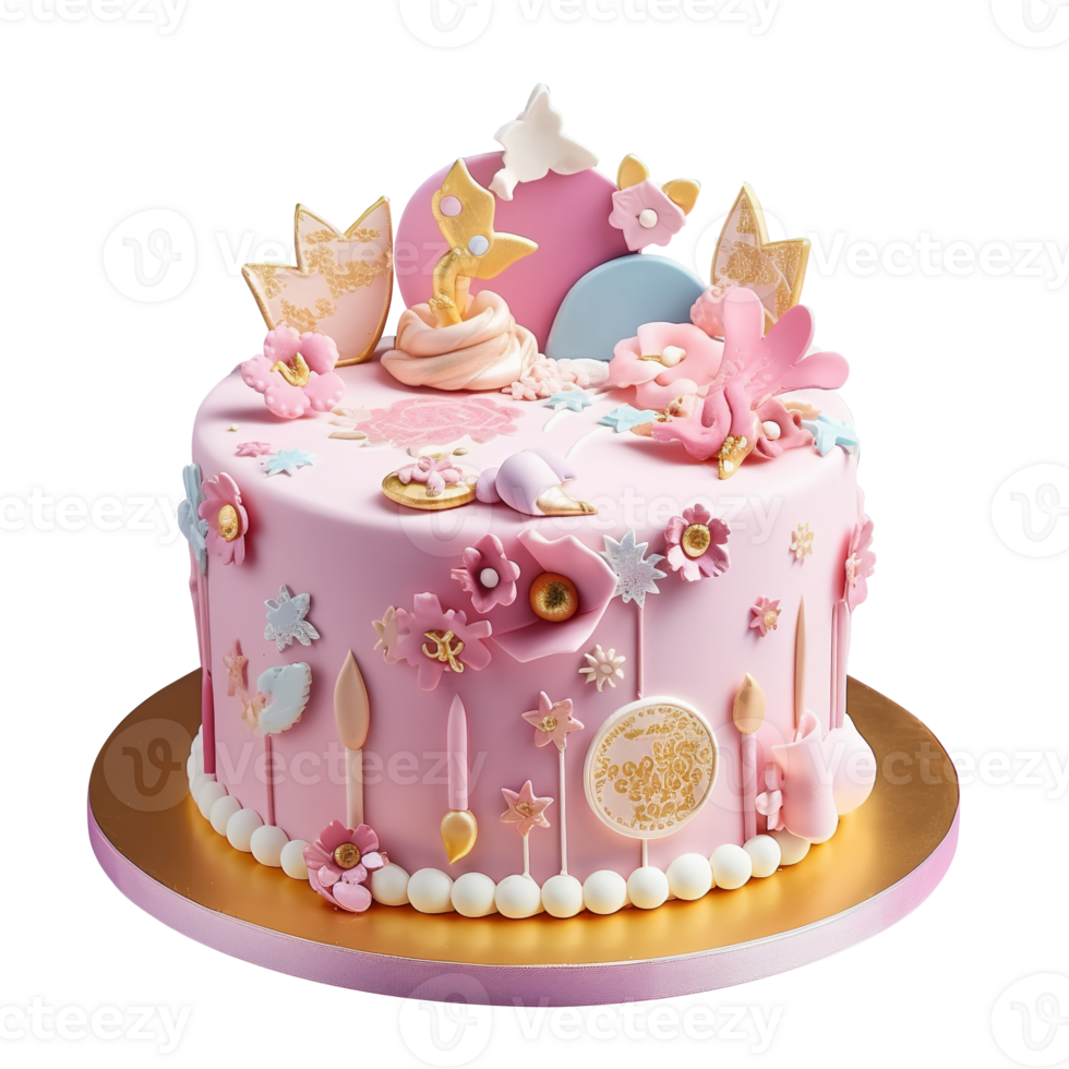 Delicious decorated pink birthday fondant cake on transparent background png