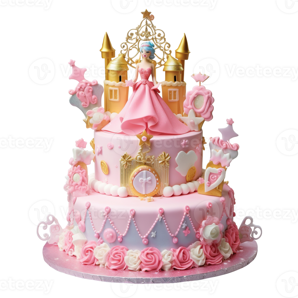 Delicious decorated princess pink birthday fondant cake on transparent background png