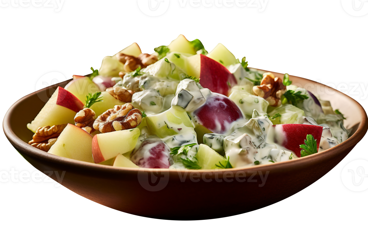 Freshly made Waldorf salad bowl isolated on transparent background png