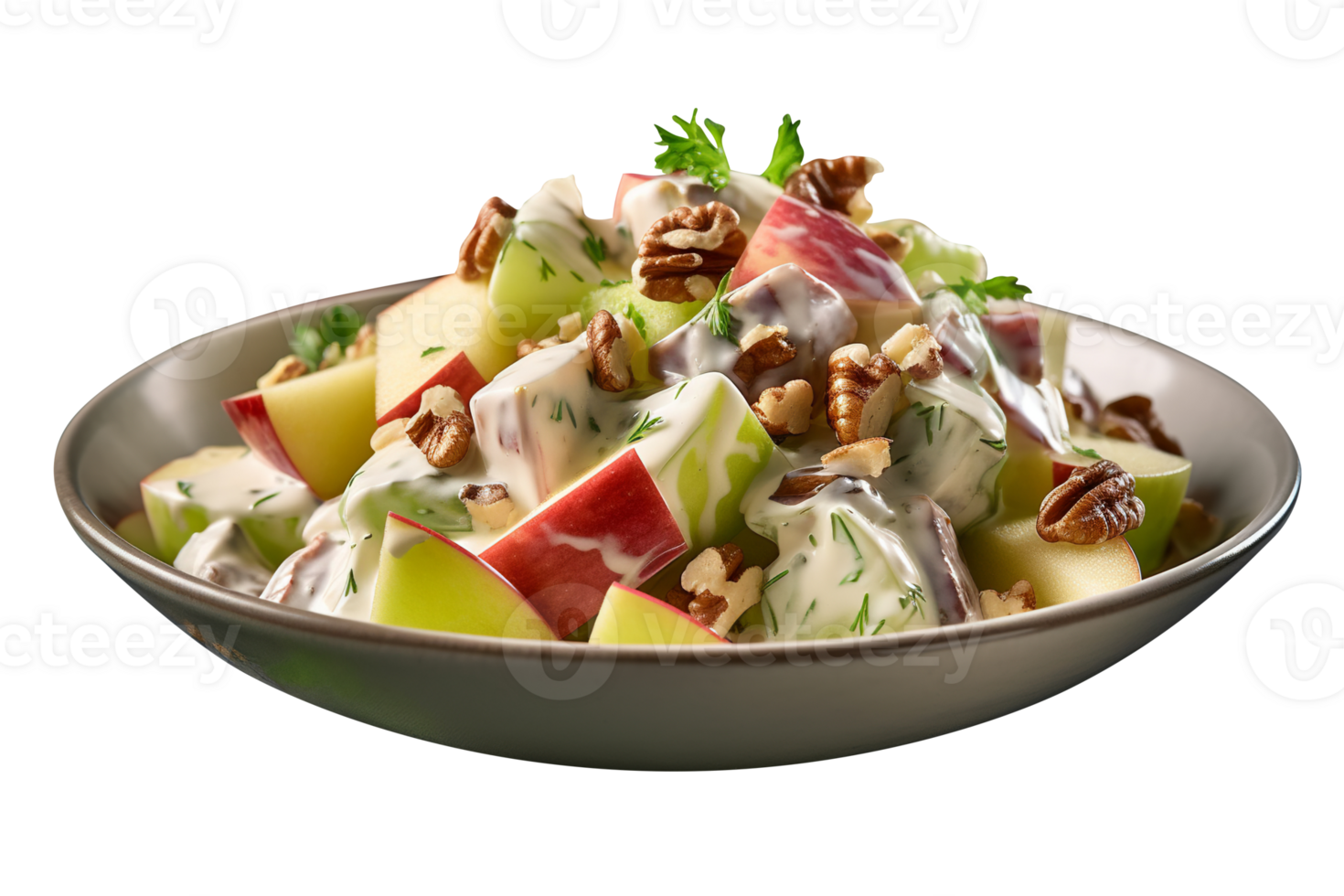 Freshly made Waldorf salad bowl isolated on transparent background png