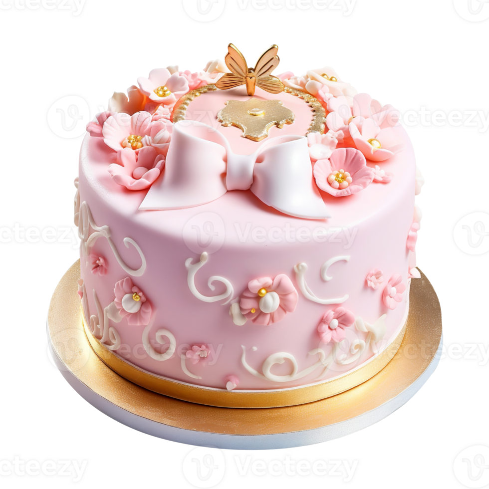 Delicious decorated pink birthday fondant cake on transparent background png