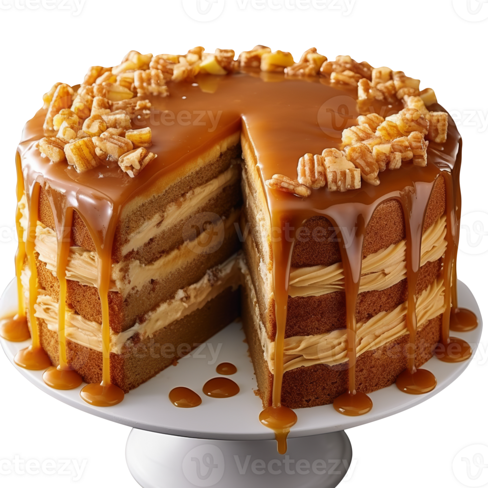 Delicious caramel apple cake isolated on transparent background png