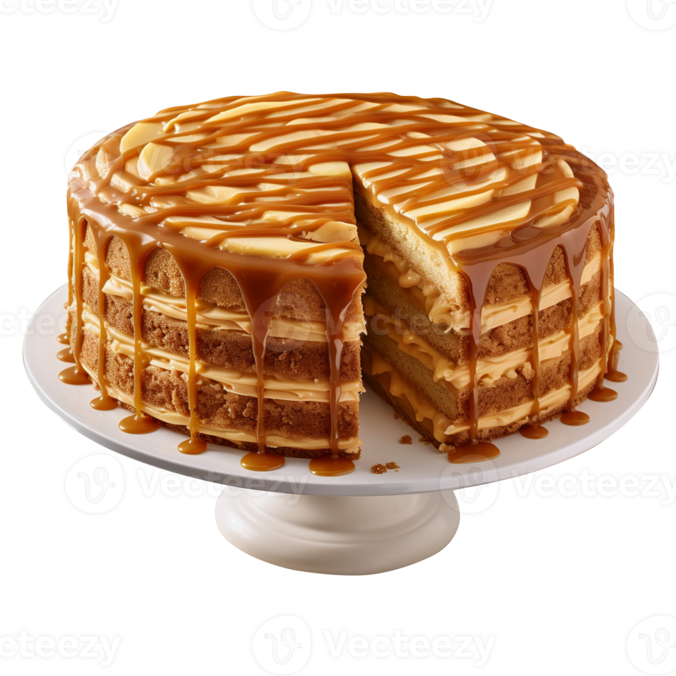 Delicious caramel apple cake isolated on transparent background png