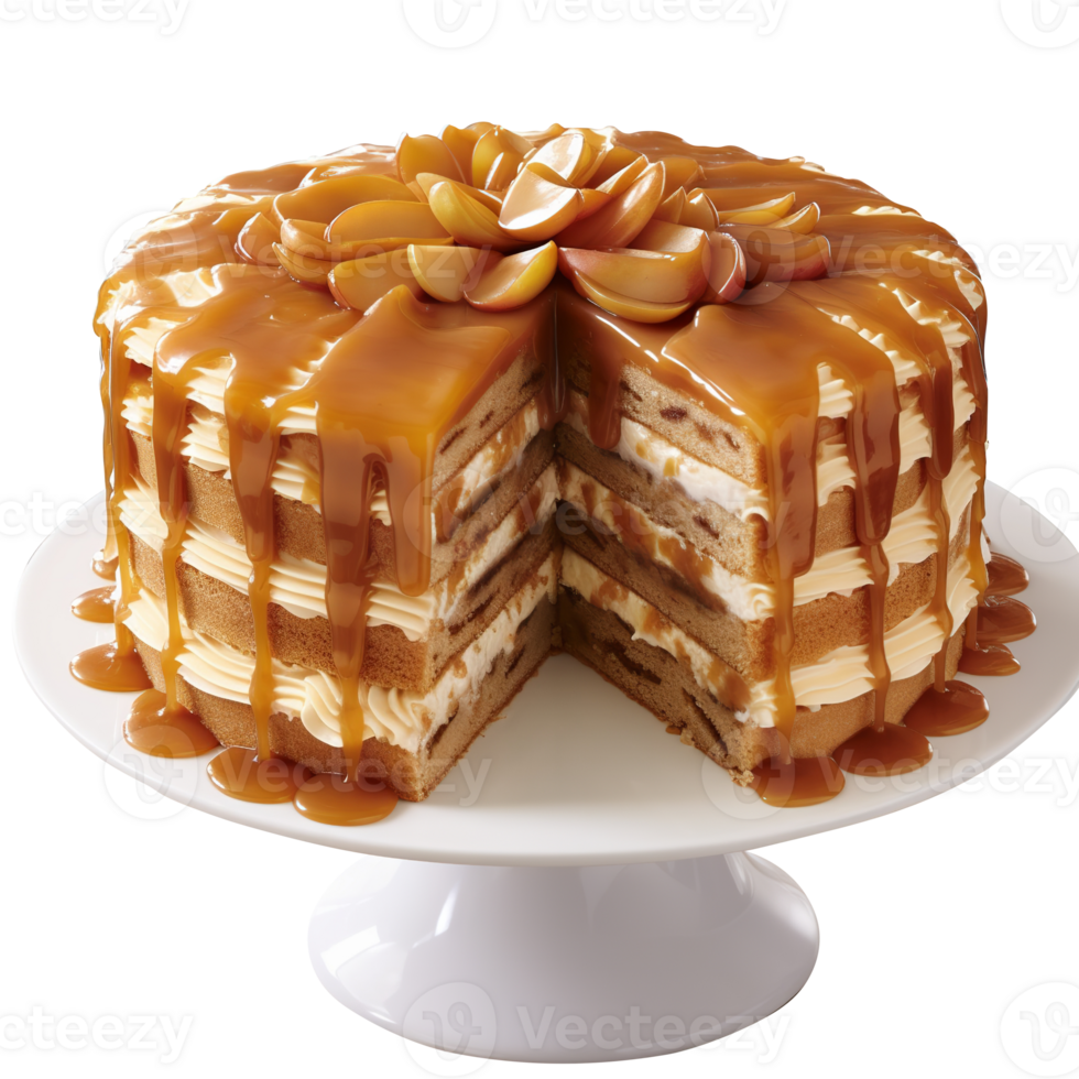 Delicious caramel apple cake isolated on transparent background png
