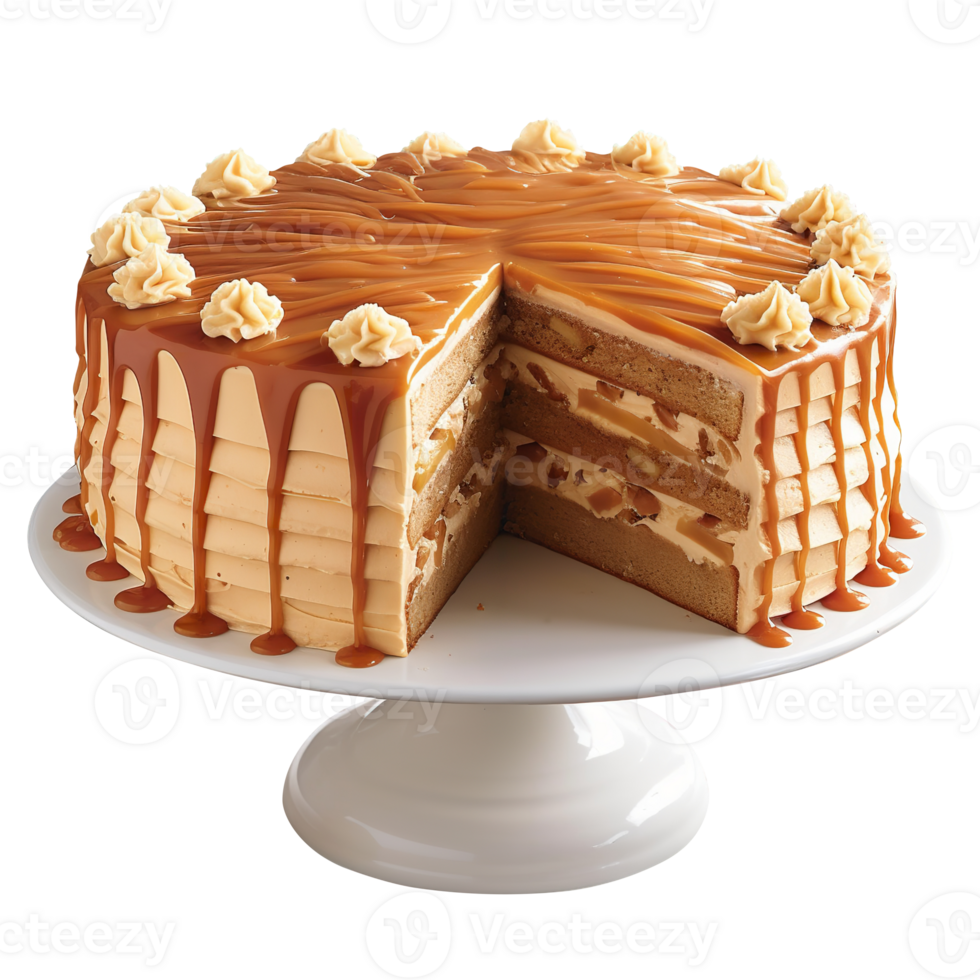Delicious caramel apple cake isolated on transparent background png