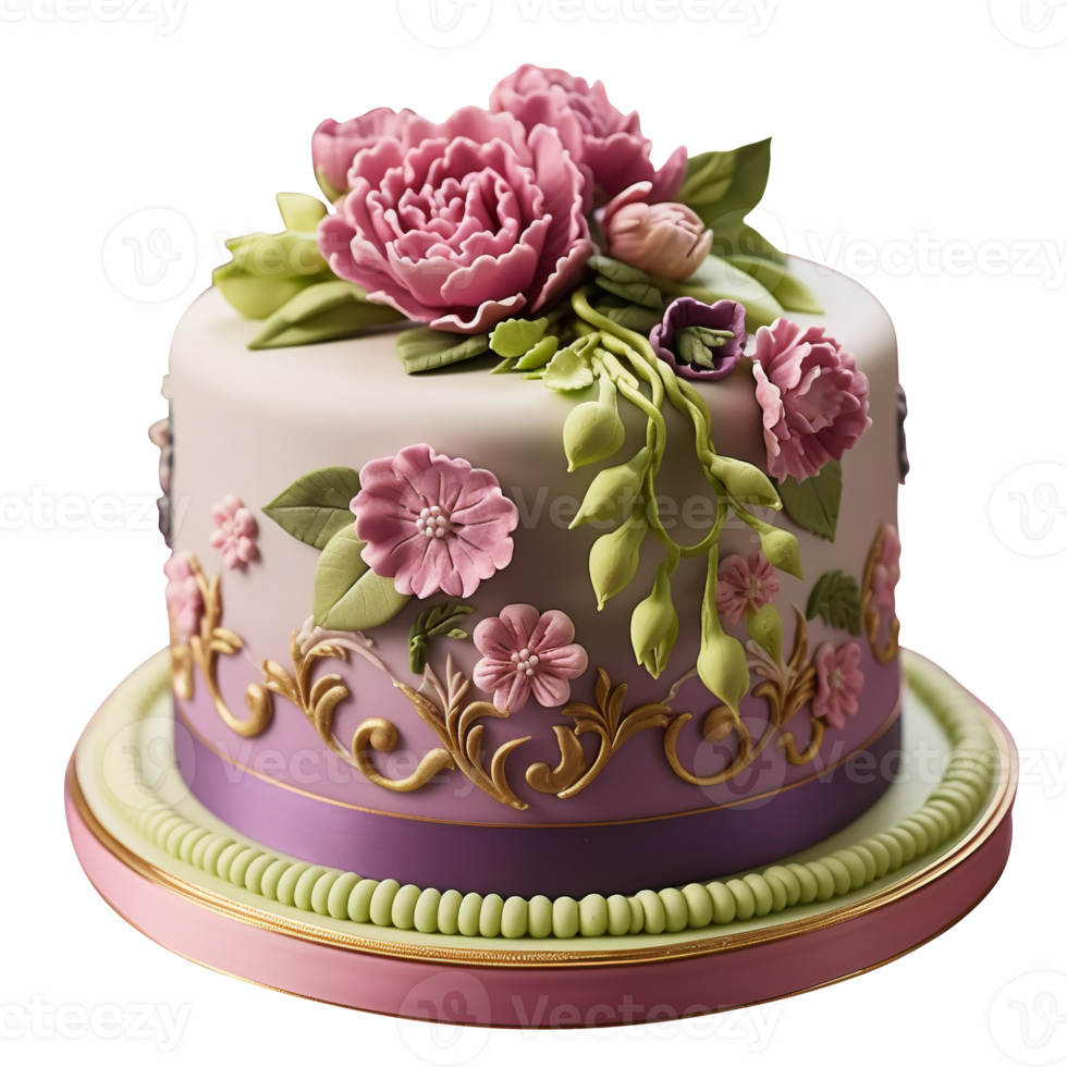 Delicious decorated fondant cake on transparent background png