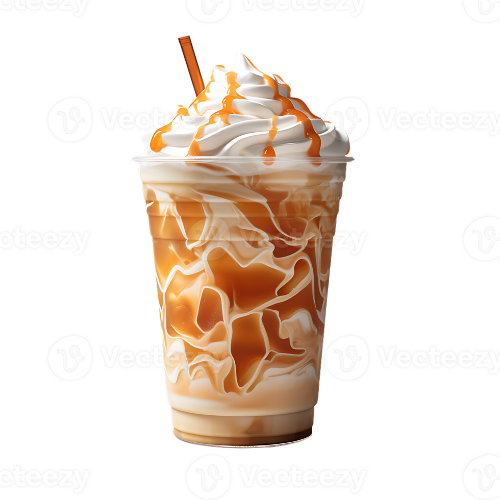 Iced caramel latte topped with whipped cream and caramel sauce. perfect