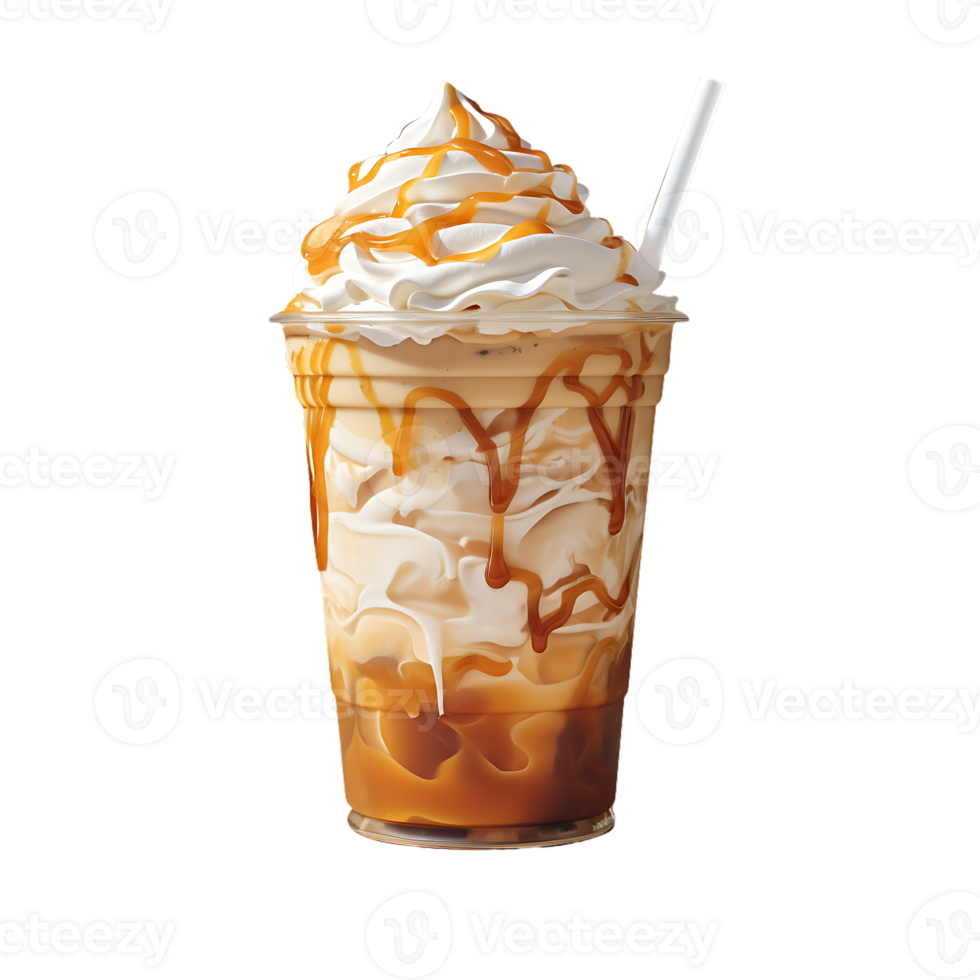 Iced caramel latte topped with whipped cream and caramel sauce. perfect