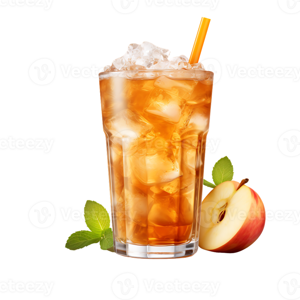 Apple juice ice surrounded by apples and leaves. ai generated png