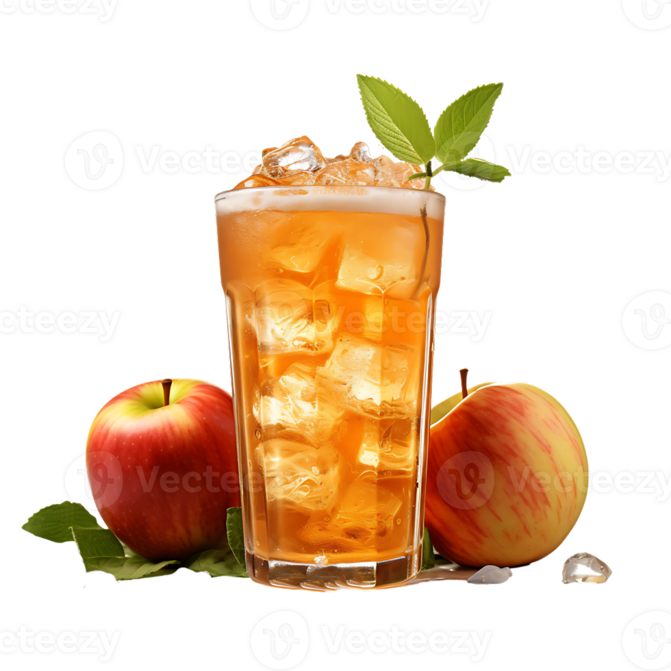 Apple juice ice surrounded by apples and leaves. ai generated png
