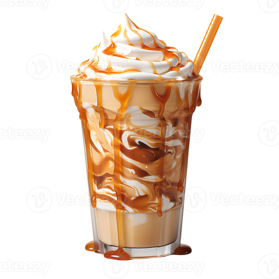 Iced caramel latte topped with whipped cream and caramel sauce. perfect for drink catalog. ai generated png