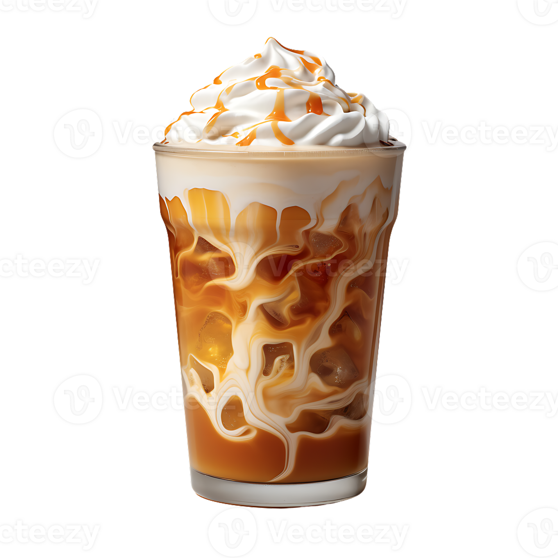 Iced caramel latte topped with whipped cream and caramel sauce. perfect