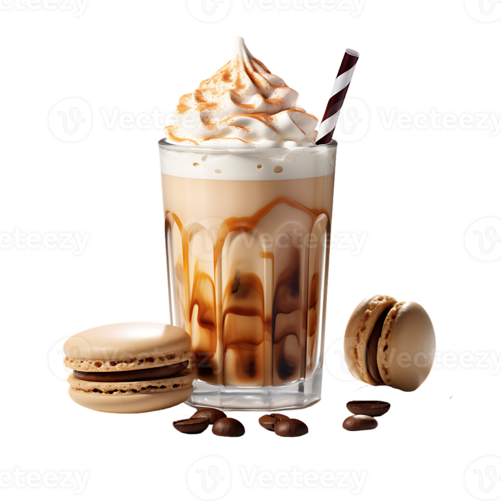 Iced caramel latte topped with whipped cream and caramel sauce. perfect for drink catalog. ai generated png