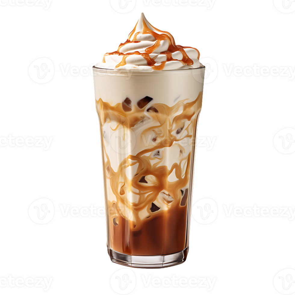 Iced caramel latte topped with whipped cream and caramel sauce. perfect for drink catalog. ai generated png