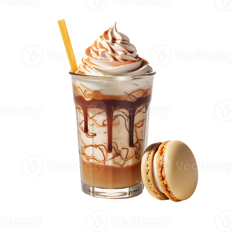 Iced caramel latte topped with whipped cream and caramel sauce. perfect for drink catalog. ai generated png