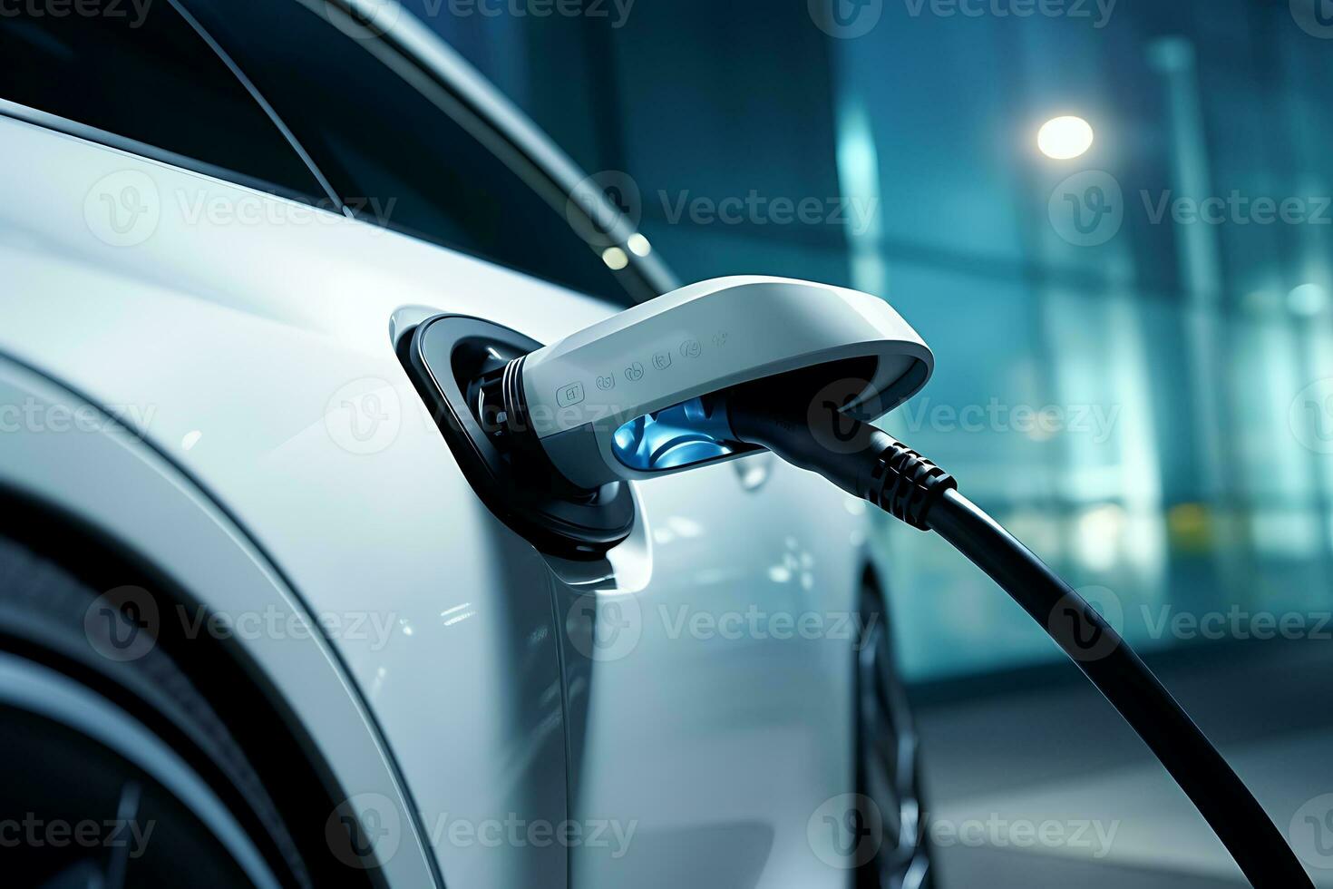 EV charging station for electric car in concept of green energy and the power cable supply plugged. AI Generated photo