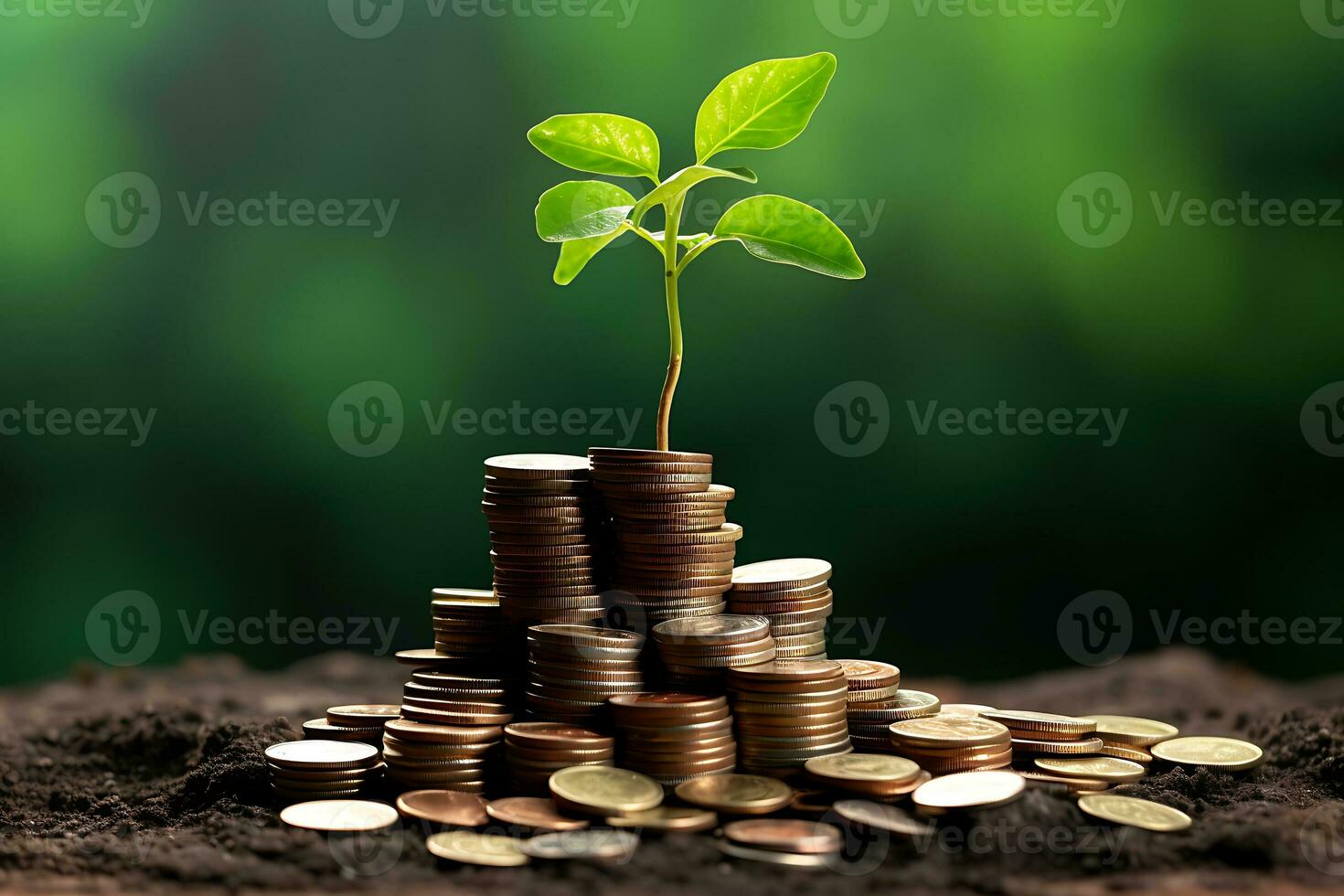 Stacking coins and Trees growing in coin in bokeh background. Ai Generated. photo