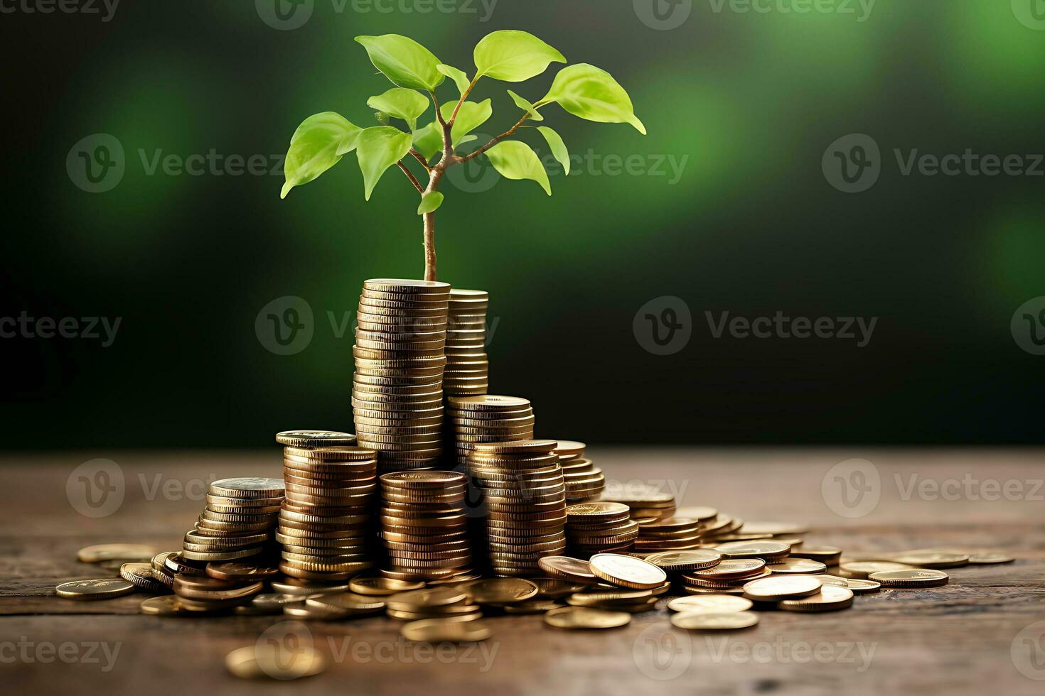 Stacking coins and Trees growing in coin in bokeh background. Ai Generated. photo