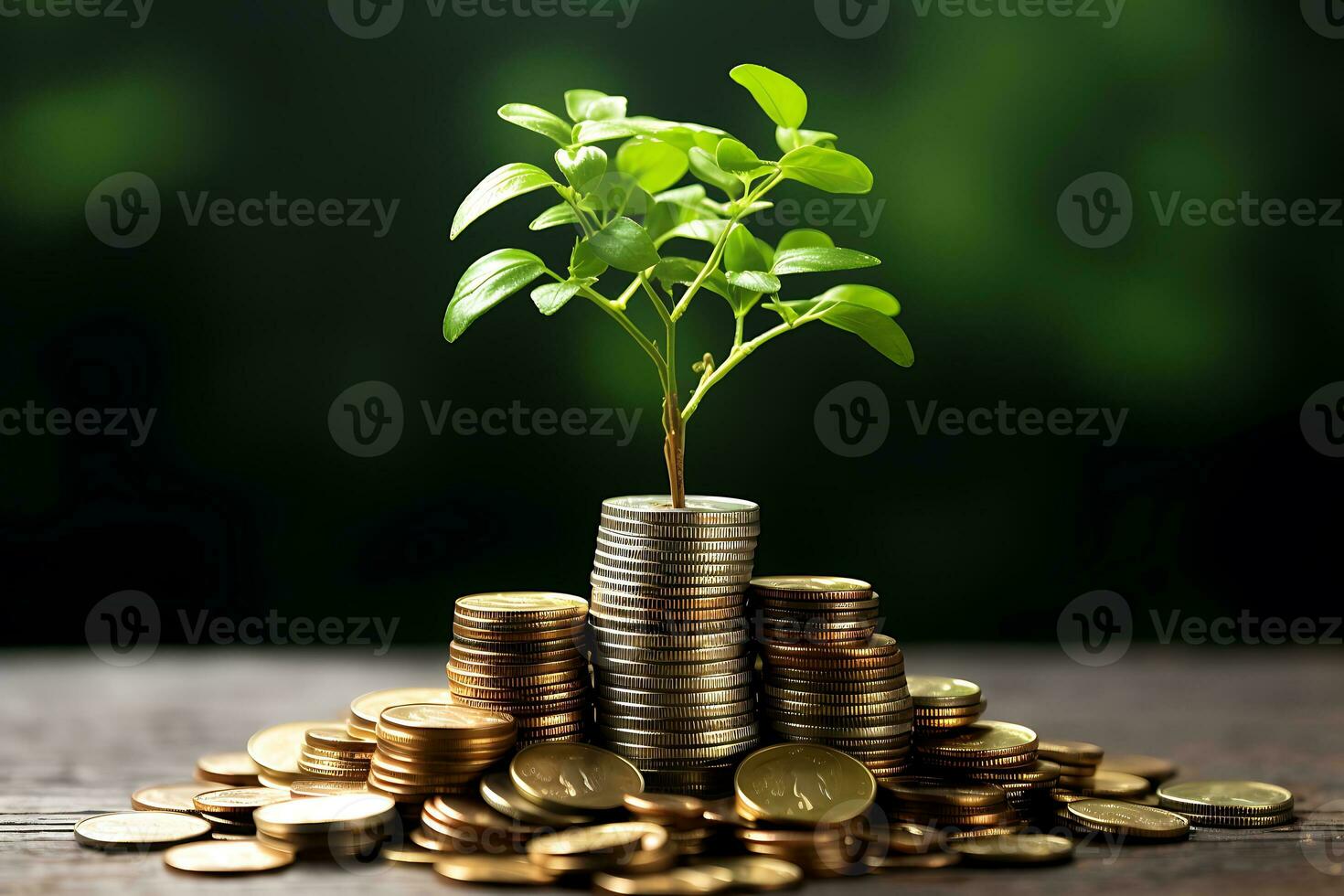 Stacking coins and Trees growing in coin in bokeh background. Ai Generated. photo