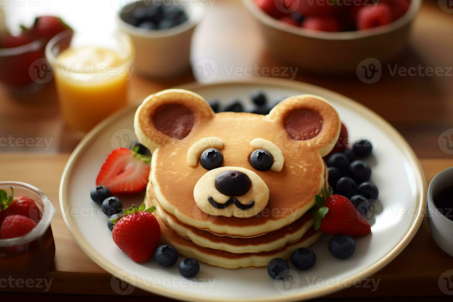 Fun Kid Breakfast, Pancake bear smiling face with various fruits. photo