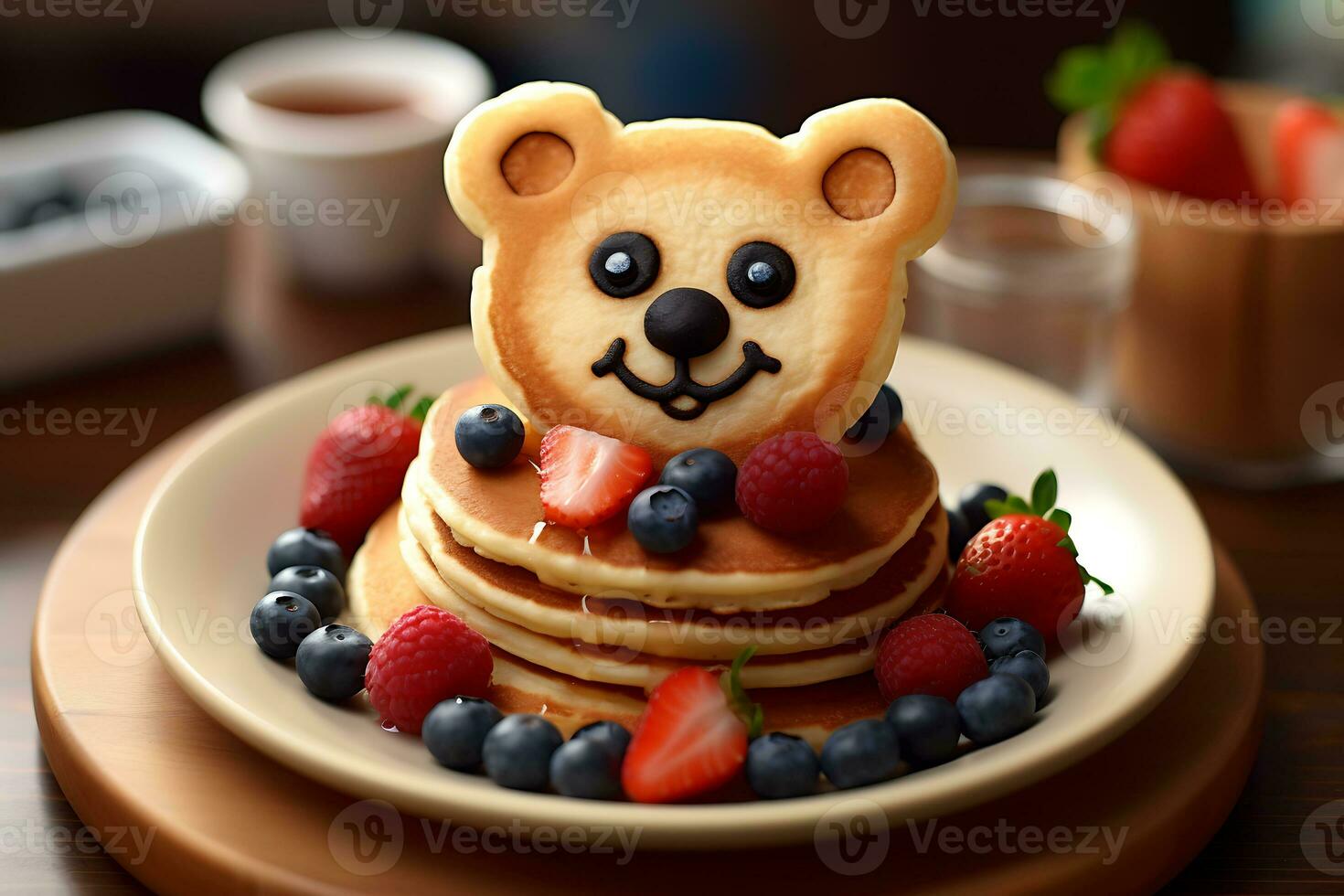 Fun Kid Breakfast, Pancake bear smiling face with various fruits. photo