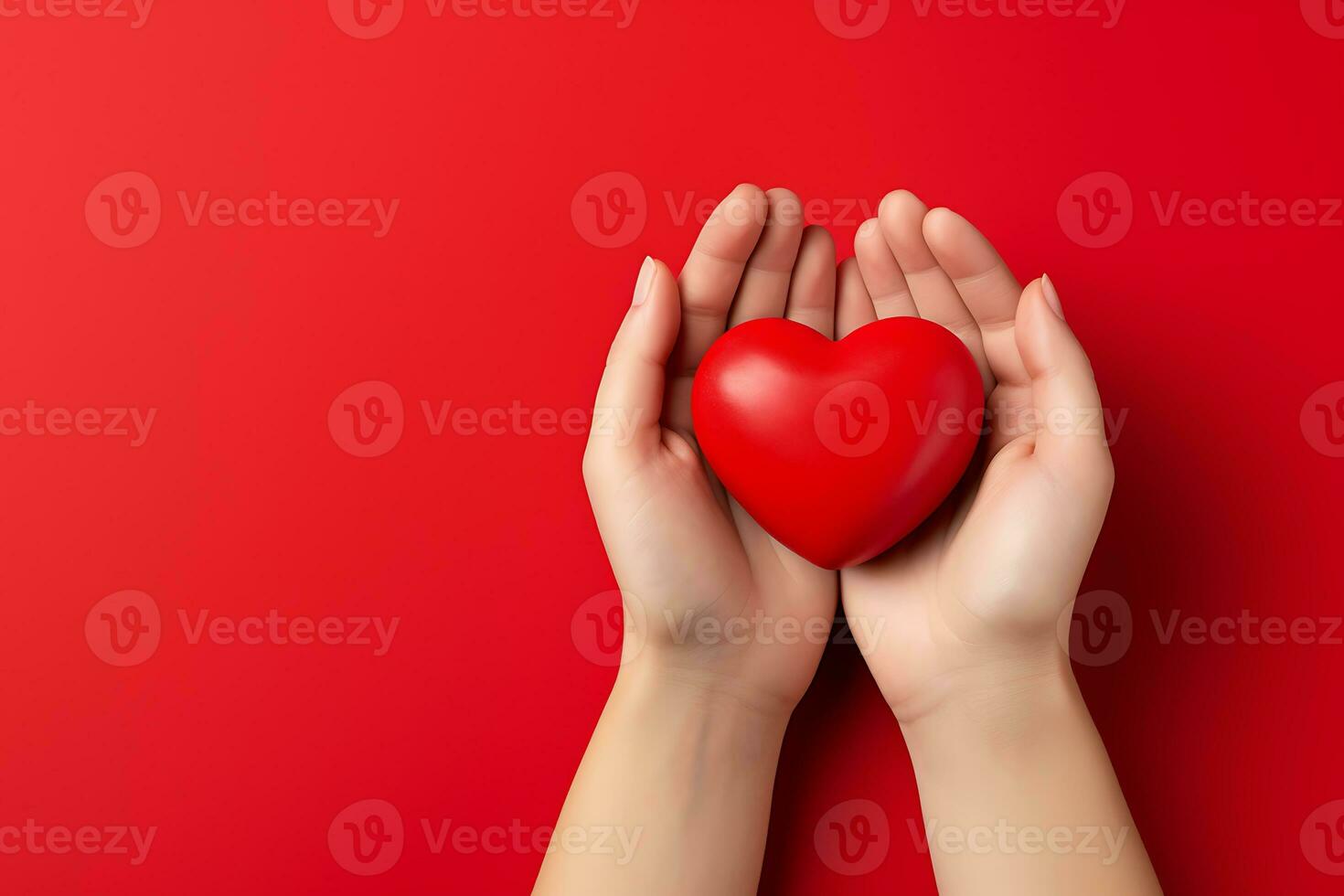 gentle female hands hold a red heart on a red background. Valentine's Day Ai Generated photo