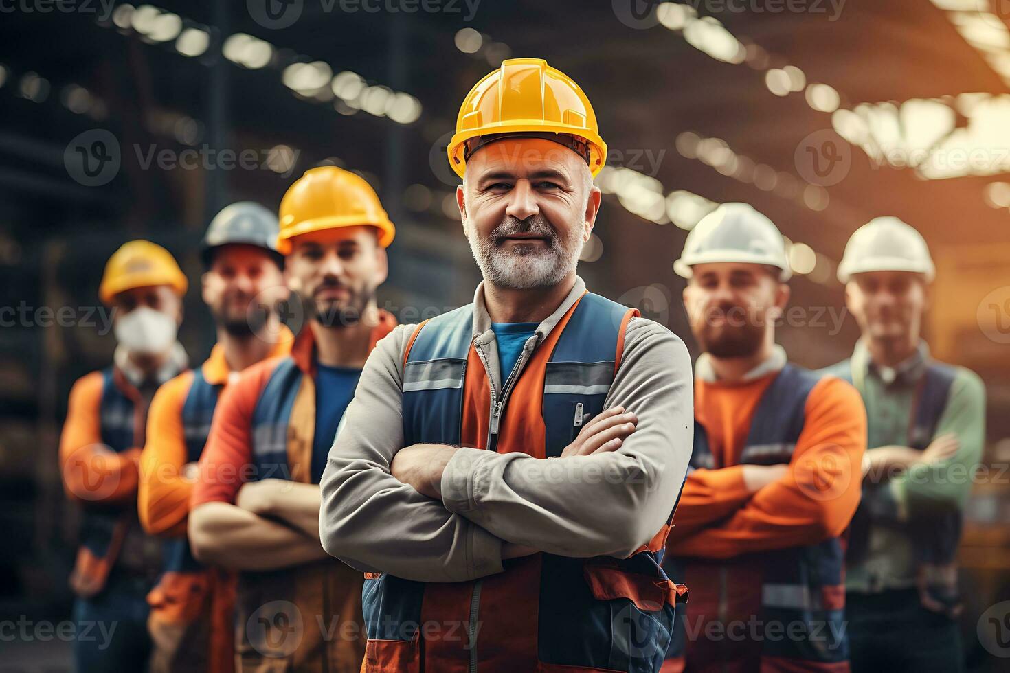 ingeniero equipo lleno profesional calidad para almacén taller para fábrica operadores, mecánico Ingenieria grupo de arquitectos y ingenieros a un construcción sitio sonriente. ai generado foto