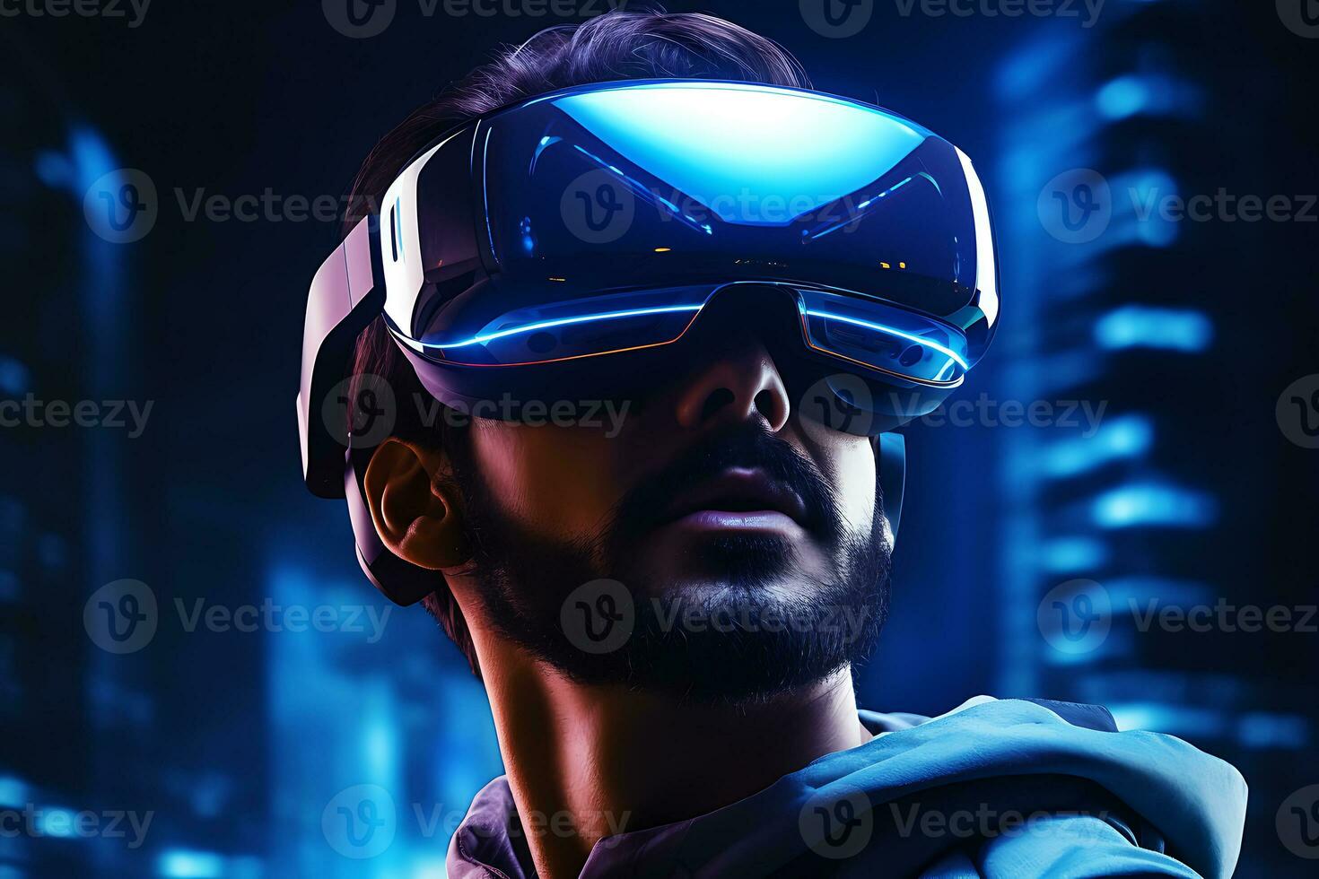 Retro futuristic portrait of man exploring metaverse in vr goggles with futuristic background. AI Generated. photo
