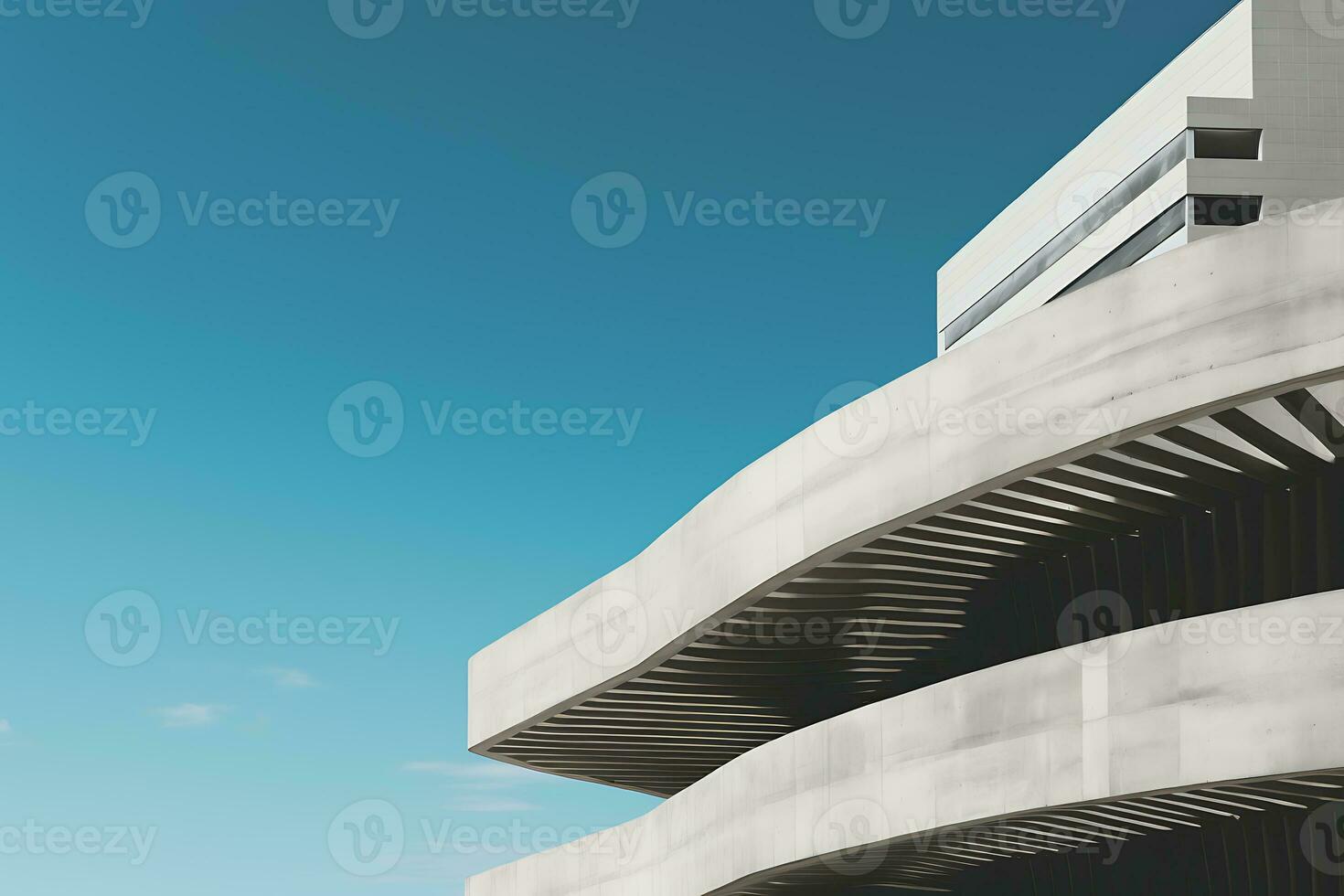 Abstract modern architecture fragment with concrete walls under daylight blue sky. AI Generated photo