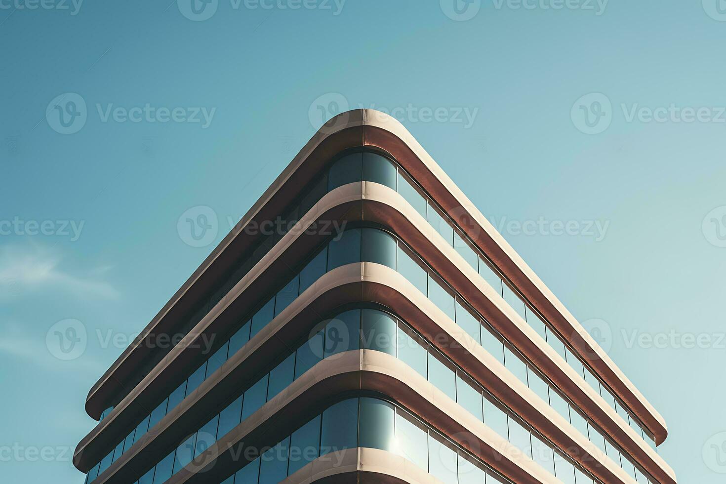 Unique low angle building perspective of modern building facade. AI Generated. photo