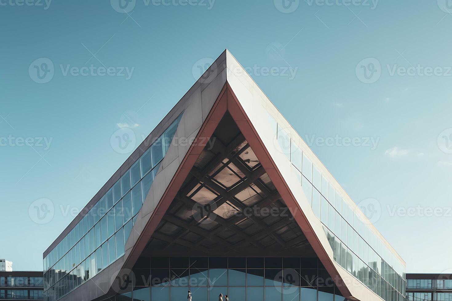Unique low angle building perspective of modern building facade. AI Generated. photo