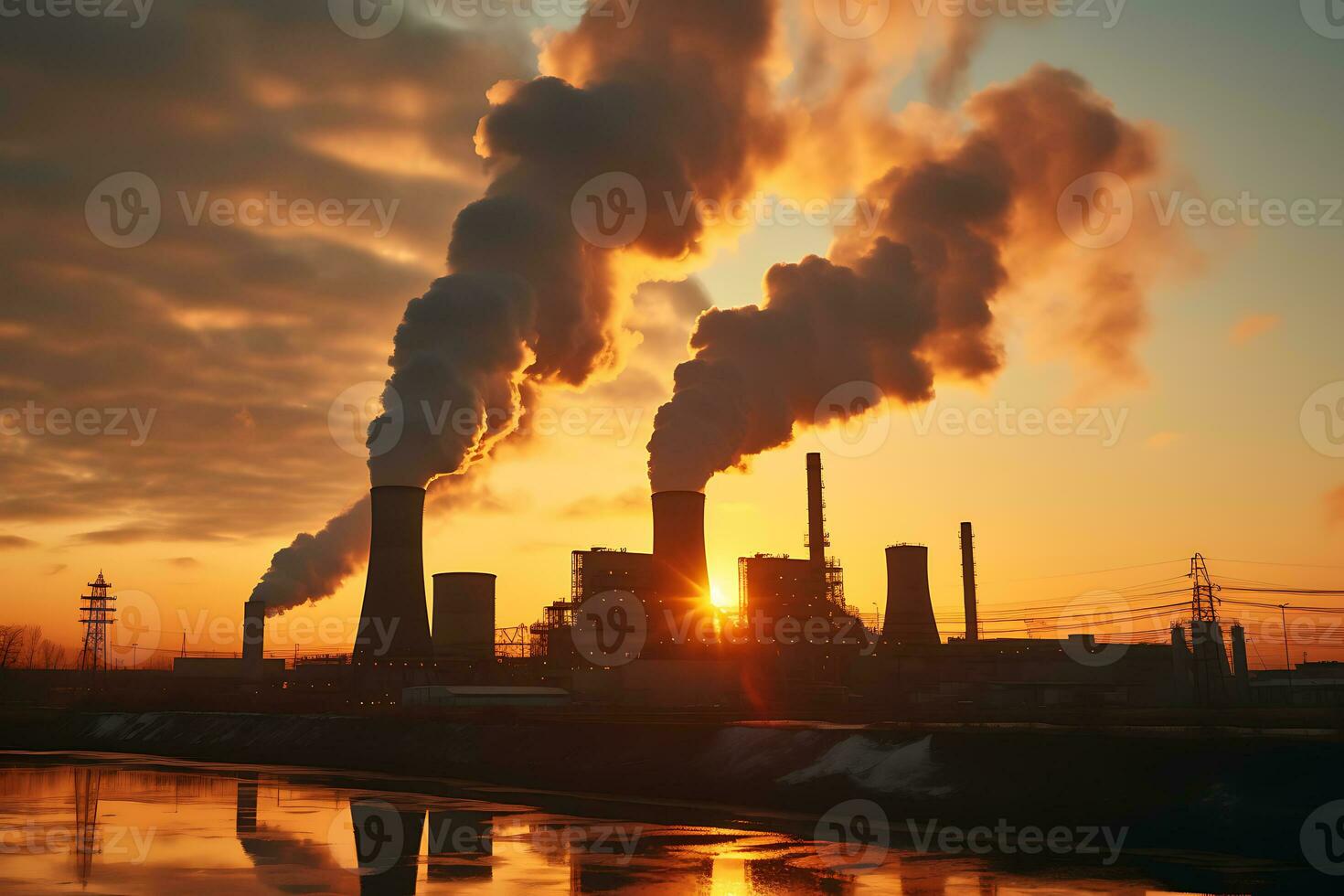 Emission to atmosphere from industrial factory chimney.  coal fired power station silhouette at sunset. AI Generated. photo